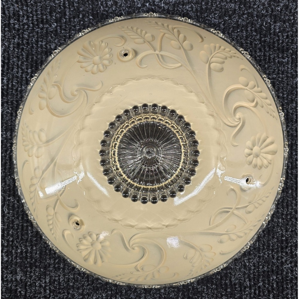 Vtg 15" Beige‎ Ceiling Light Shade Floral Embossed Pressed Glass Art Deco 3 Wire